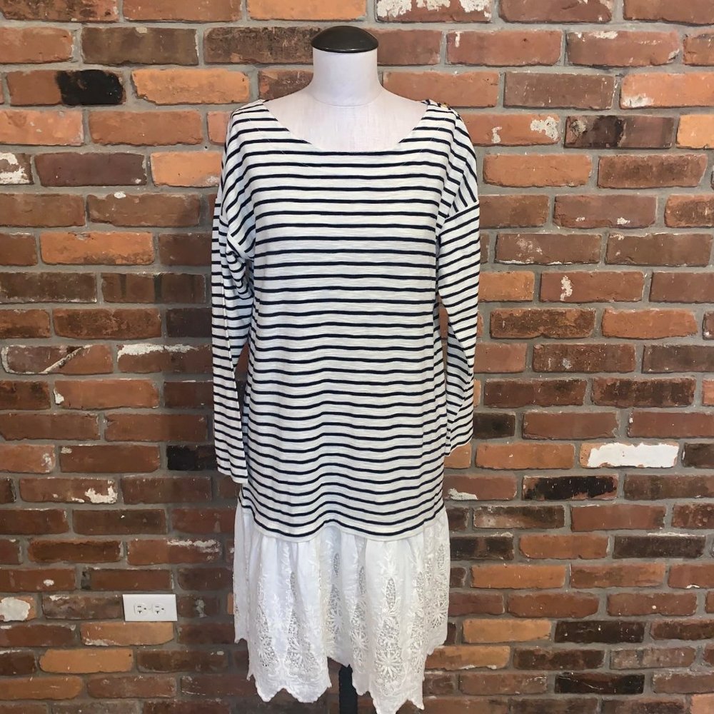 Soft Surroundings Left Blank Striped Embroidered Lace Hem LS Dress Small